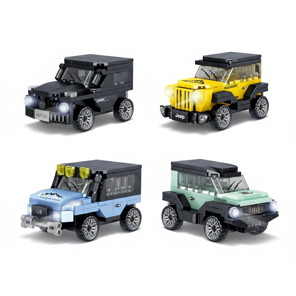 لگو ماشین آفرود 4 مدل شامل G-Class، Jeep، U8 و Ford Bronco با مکانیزم Pull Back. دارای 103 تا 118 قطعه در هر مدل و مناسب 6 سال به بالا.